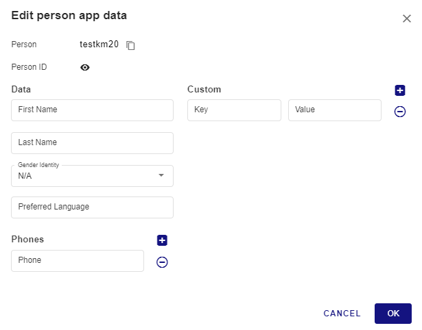 The Editing Profiles screenshot describes various fields such as Data, Custom, Phones etc. that are used to edit person app data Editing Profiles